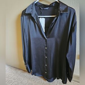 Zara silky black women's button up blouse. New,tags on.
